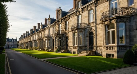 Row of elegant stone buildings with ornate details and manicured lawns under sunlight.
