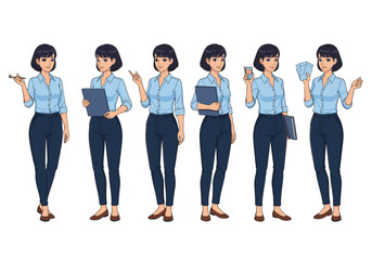 Obraz premium Businesswoman in various poses, showcasing professionalism and versatility. The image features a series of poses, ideal for conveying concepts such as business, communication, and presentation