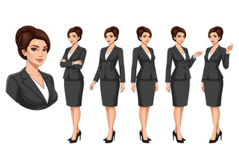 Obraz premium Business woman in a business suit in different poses, showcasing professional attire. The image represents a confident woman