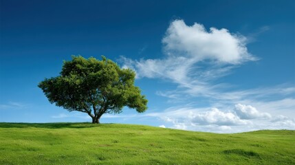 Fototapeta premium Lush Green Tree Standing Tall on a Grassy Hill Under a Clear Blue Sky with Clouds