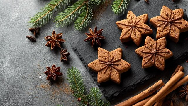 Festive gingerbread star cookies with icing on slate board, surrounded by cinnamon sticks, anise stars, and evergreen sprigs. Rustic holiday baking scene on dark textured background. Warm, seasonal tr