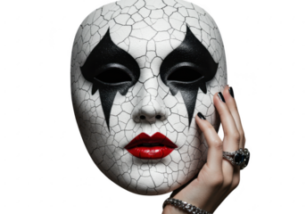 A womans hand holding a cracked mask with red lips isolated on transparent background