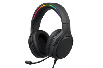Black gaming headset with rgb lighting and microphone for immersive audio and communication, transparent background