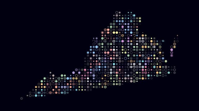 Virginia animation. Shape of the state with pulsating colored dots. Small size circle blocks. Digital style map on dark background. Creative video.