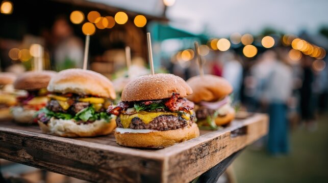 Gourmet Burgers on Wooden Tray at Outdoor Event: Delicious Food Photography for Restaurant and Catering Services