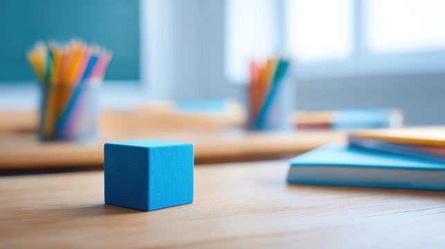 Blue Cube on Wooden Desk in Classroom with Pencils, Books, and Chalkboard Background