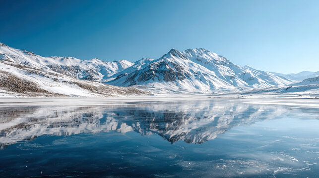Frozen lake reflecting snowy mountains serene winter scenery on transparent background