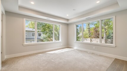 Fototapeta premium Bright, Empty Room with Large Windows Overlooking Lush Trees - Real Estate Photography