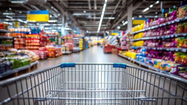 Shopping cart view in busy supermarket aisle featuring stocked shelves and vibrant product displays