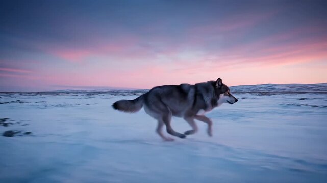 Gray wolf walking across snowy landscape under twilight sky