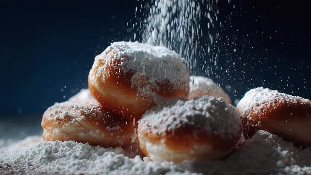Stack of fresh golden doughnuts dusted with powdered sugar on a dark surface, close-up view with fine white sugar particles sprinkling down, evoking indulgence and bakery freshness