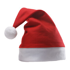 Classic red santa claus hat with white trim and pom pom isolated on black background