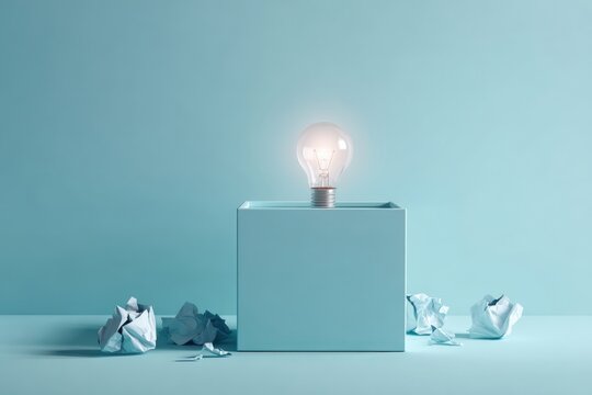 Idea Generation: Light Bulb on Blue Cube Surrounded by Crumpled Paper Representing Creative Process - Powered by Adobe