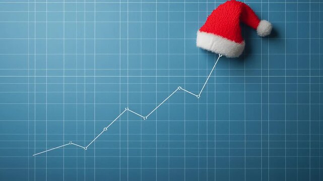 Red Santa hat on blue graph paper next to upward red arrow line chart. Festive business growth concept in minimalist flat lay