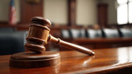 Wooden Gavel Resting on Sound Block in Courtroom, Symbolizing Law and Justice System