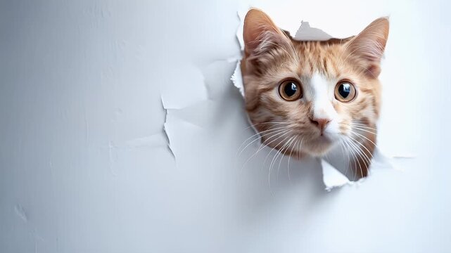 A closeup of a ginger cat peeking out from behind a torn white paper. The cats face is detailed with a mix of white and orange fur.