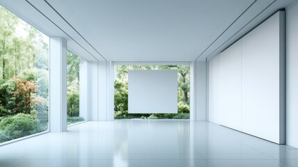 Bright modern architecture interior featuring minimalist design, clean lines, lush green exterior views, and blank canvas for display