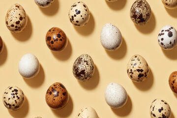 Pattern of eggs and quail eggs on soft background creates delightful and festive atmosphere