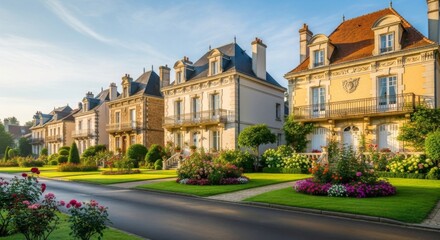 Obraz premium A row of elegant, classic houses with manicured lawns and vibrant flower beds under a bright blue sky.