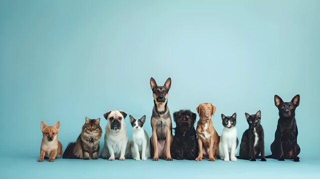 A group of dogs and cats posed against a blue background. The dogs are of varying breeds, with the exception of a black dog on the right. The cats are of various colors, including white.