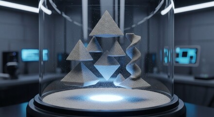 A mesmerizing display of sand art under a glass dome, featuring geometric shapes and a dna helix, illuminated by a soft blue light in a laboratory setting
