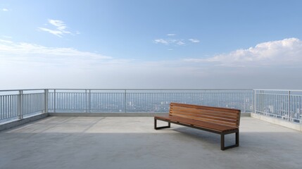Obraz premium Scenic rooftop terrace with a wooden bench overlooking the city skyline under a clear blue sky
