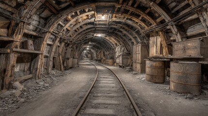 Underground Tunnel in Abandoned Mine Featuring Railroad Track and Timber Supports, Conveying Industrial History
