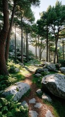Sunlit Forest Path Winding Through Rocky Terrain With Soft Morning Fog And Towering Pine Trees