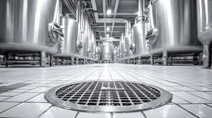 Industrial Manufacturing Plant with Stainless Steel Tanks and Drainage System, Focus on Grid, Clean Environment