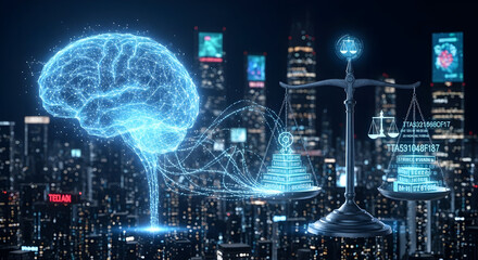 Holographic AI Brain and Justice Scales Over Futuristic Digital Cityscape