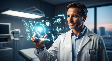Medical professional interacting with futuristic holographic interface displaying health data in a modern clinic