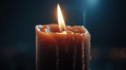 Close-up of a single burning candle with steady orange flame and dripping wax on a dark background, evoking calm and meditative glow for serene moments - Powered by Adobe