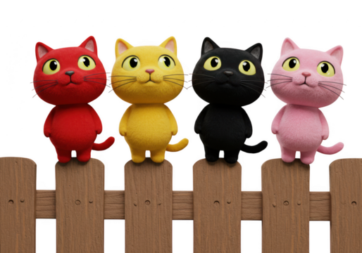 Four colorful cartoon cats sitting on a wooden fence isolated on transparent background