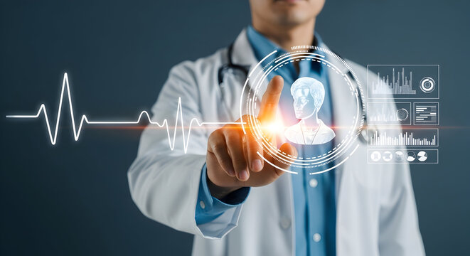 Doctor interacting with futuristic medical interface, analyzing patient data and health records with advanced digital technology.