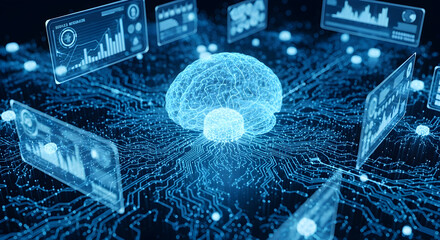 AI Brain Processing Digital Data in a Futuristic Neural Network with Holographic Interfaces