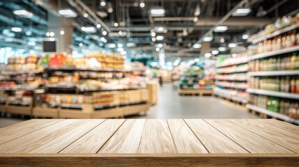 Wooden Tabletop Display with Blurred Supermarket Aisle Background for Product Placement and Marketing Visuals