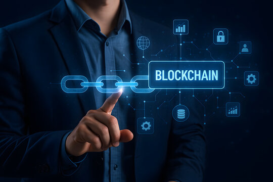 Businessman using futuristic blockchain technology interface with holographic digital chain nodes and secure data network