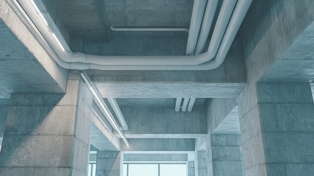 Exposed Piping and Concrete Infrastructure: Modern Architectural Design with Industrial Aesthetic for Construction and Engineering