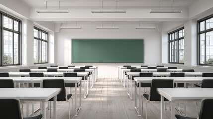 Fototapeta premium Bright Classroom Interior with Empty Desks, Green Chalkboard, and Natural Light from Windows