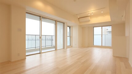 Fototapeta premium Bright and Spacious Modern Living Room with Hardwood Floors and Large Balcony Doors