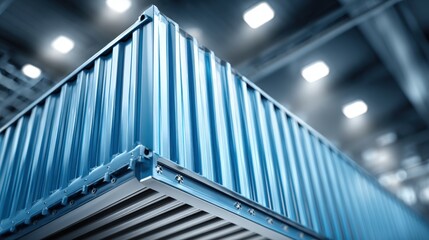 Obraz premium Blue Shipping Container Close-Up Inside Warehouse: Global Trade, Logistics, and International Commerce Concepts