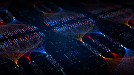 Abstract digital data stream visualization showing network connections, data flow, and a futuristic information processing system. Ideal for tech, AI, and IT concept designs. - Powered by Adobe