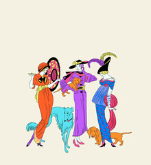Elegant Vintage Fashion Women with Dogs-Art Nouveau Illustration