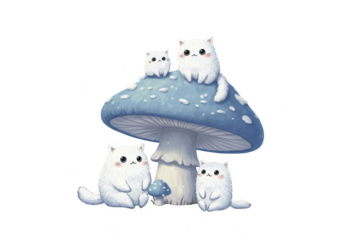 Four adorable white kittens sitting on a blue mushroom isolated on transparent background