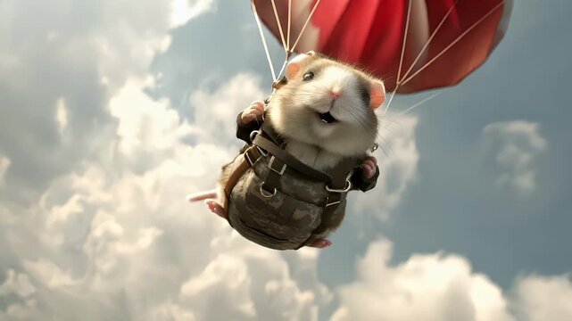 A hamster in a militarystyle uniform is captured midflight, with a parachute trailing behind. The sky is a clear blue, with fluffy white clouds scattered throughout.