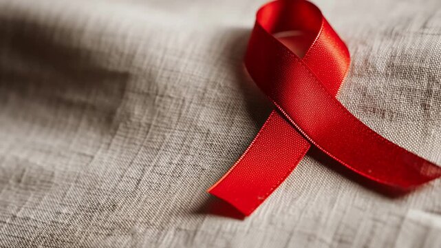 A symbolic red satin ribbon rests elegantly on textured beige linen fabric, evoking themes of awareness, hope, and support in a minimalist close-up composition with soft natural lighting and subtle sh