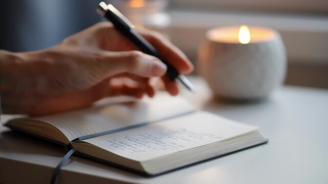 A hand holds a blue pen writing in an open white notebook on a wooden table, beside a lit white candle in a textured stone holder and another candle, evoking a cozy journaling session in soft ambient 