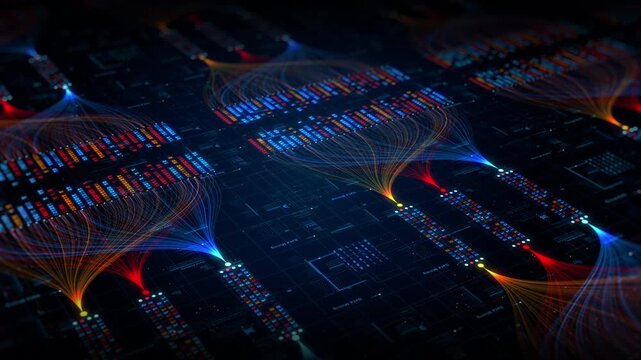 Abstract digital data stream visualization showing network connections, data flow, and a futuristic information processing system. Ideal for tech, AI, and IT concept designs. - Powered by Adobe