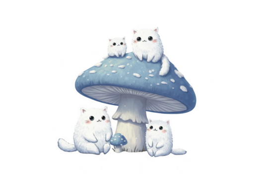 Four adorable white kittens sitting on a blue mushroom isolated on transparent background
