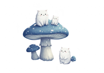 Charming cats on mushrooms isolated on transparent background